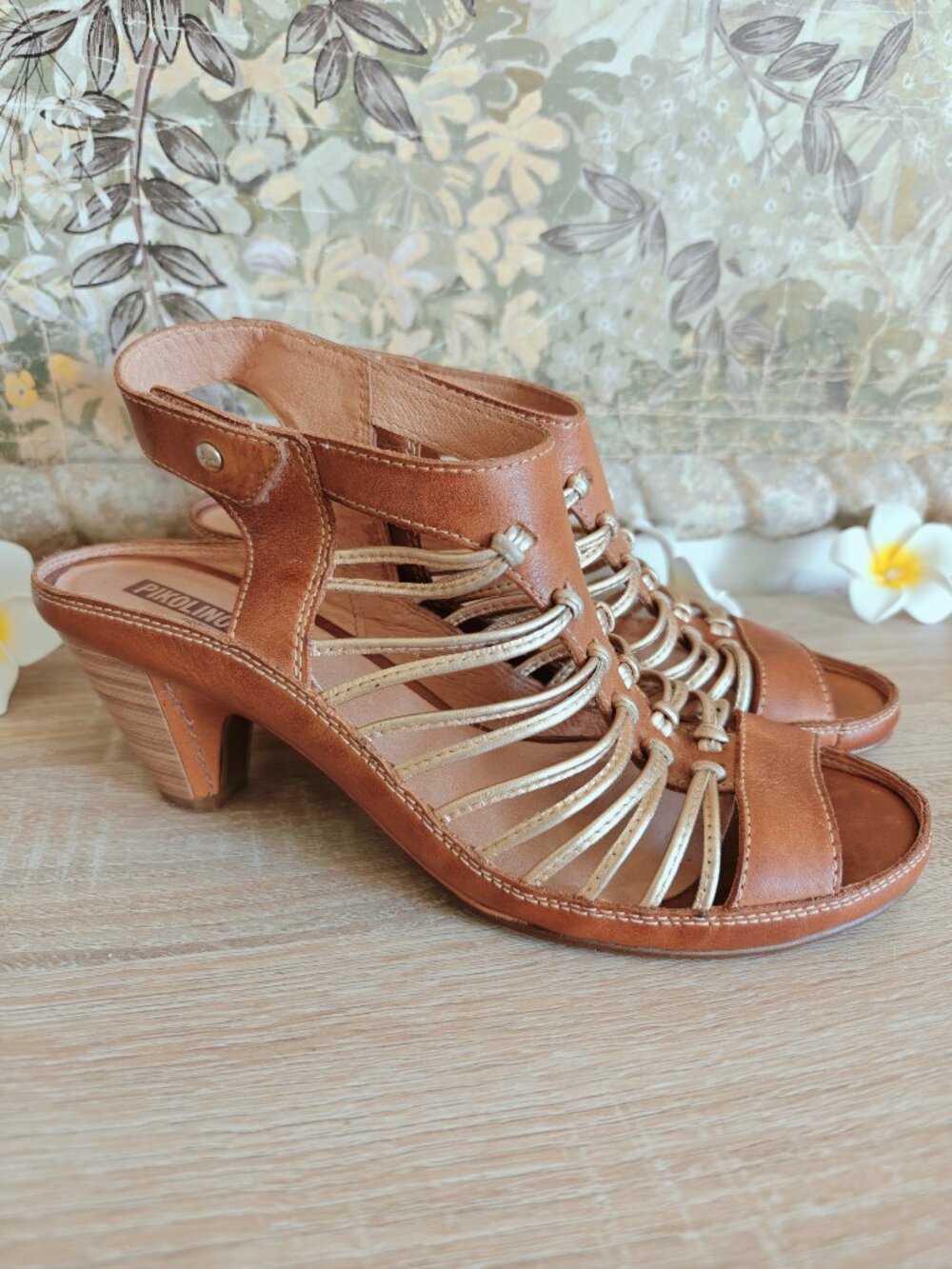 Pikolinos Java Caged Heel Cognac Leather Strappy Heeled Sandals EU 39